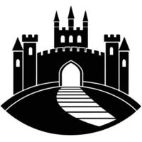 Fortress with Narrow Bridge Leading to Guarded Gate Silhouetted on White Background vector