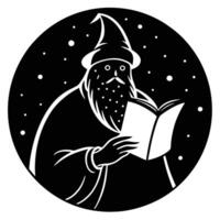 Old Mage Reading Book of Spells Under Stars Silhouetted on White Background vector
