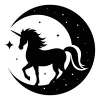 Unicorn Framed by Crescent Moon Glow Silhouette on White Background vector