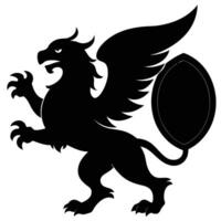 Griffin Standing Protectively Behind Large Circular Object Silhouetted on White Background vector
