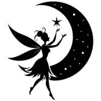 Fairy Flying Upward Toward Glowing Moon Silhouetted on White Background vector