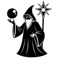 Wizard Summoning Visions through Crystal Ball and Staff Silhouette on White Background vector