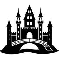 Castle with Raised Drawbridge Silhouetted on White Background vector