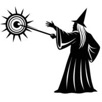 Wizard aiming spell silhouetted on white background vector