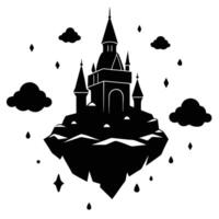 Fantasy Flying Castle with Clouds Silhouetted on White Background vector