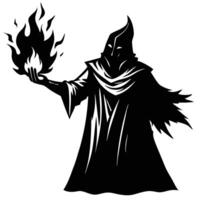 Sorcerer Summoning Flames in Glowing Hand Silhouette on White Background vector
