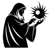 Mystic Wizard Creating Light Orb with Crystal Ball Silhouetted on White Background vector