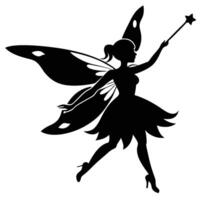 Fairy Flying While Holding Wand at an Angle Silhouetted on White Background vector