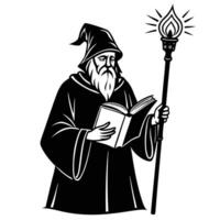 Wizard deciphering ancient text silhouette vector