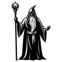 Ancient wizard with glowing staff silhouetted on white background vector