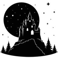 Lonely Castle Under Moonlight Silhouetted on White Background vector