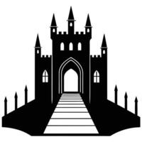 Gothic Fortress with Open Drawbridge Silhouetted on White Background vector
