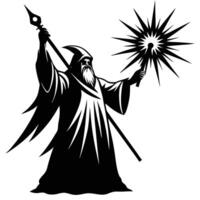 Powerful Wizard Unleashing Bright Spell from Staff Silhouetted on White Background vector