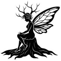 Fairy Resting on Oak Root Silhouetted on White Background vector