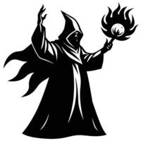Wizard casting fiery magic silhouette vector