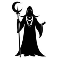 Cloaked Wizard Silhouette Gripping Glowing Staff with Wolf in the Background on White Background vector