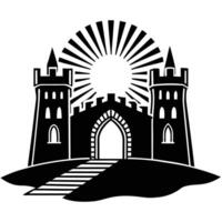 Stone Castle with Drawbridge Silhouetted on White Background vector