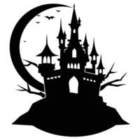 Castle Silhouette with Eerie Full Moon Silhouetted on White Background vector