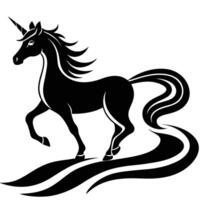 Elegant Galloping Unicorn Silhouette Near Winding Stream on White Background vector
