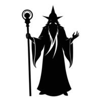 Wizards Silhouette with Large Robe and Magical Staff Silhouette on White Background vector