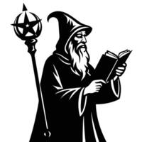 Apprentice Wizard Studying Spell with Staff in Hand Silhouette on White Background vector