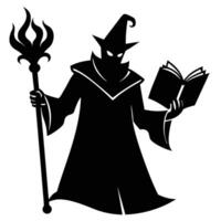 Mage in Silhouette Flipping Pages with Staff Leaning Silhouetted on White Background vector