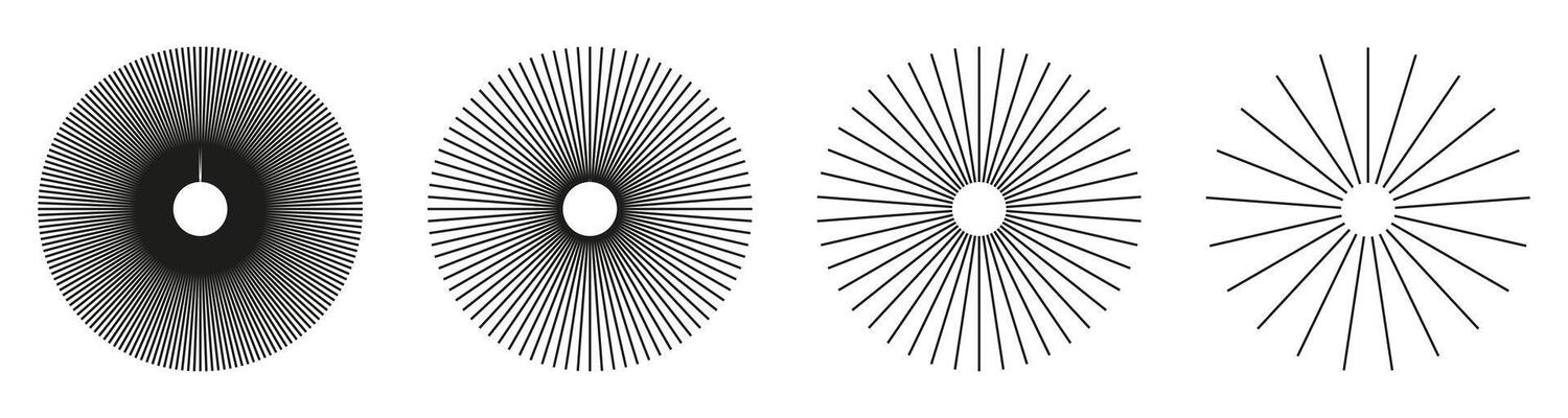 Sun star rays, burst. Radial circle radiation lines. Spokes with radiating stripes grid. Circulars lines beams. Abstract illusion simple geometric pattern. Minimalist graphic.