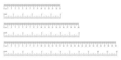 Measuring tools, scales icons. Inch, metric rulers. Scale for ruler in centimeters, inches. Metrics indicators cm, inch. vector