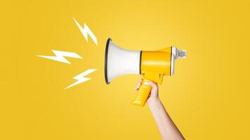 Cropped view of young girl holding megaphone on white background, copy space. Panorama photo