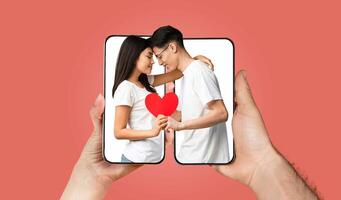 A couple is depicted embracing while holding a heart between them, surrounded by smartphone elements symbolizing their connection through messaging. The backdrop is a solid, warm color. photo