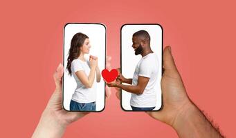 A couple uses their smartphones to send affectionate messages to each other, highlighting their love through a digital communication platform. Their enthusiasm is evident as they interact. photo