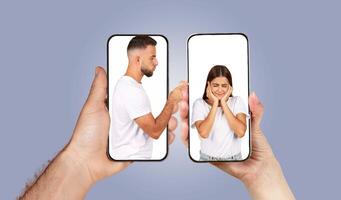A couple is engaged in a text conversation using smartphones, showcasing their emotional connection. One partner appears to be playful while the other displays a shy response. photo