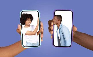 A couple connects through their smartphones, expressing love and playful interaction via text messages. Their hands showcase the excitement of modern communication and connection. photo