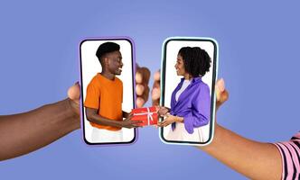 A couple enjoys a virtual connection, exchanging messages and gifts through their smartphones. Their hands reach out to each other, showcasing modern digital romance and connection. photo