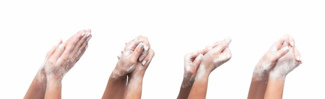 Contagious disease prevention. Millennial girl showing steps of effective handwashing on blue background, collage. Panorama photo