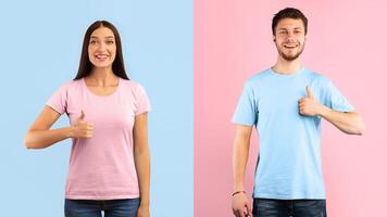 We Like It. Portrait Of Smiling Man And Woman Gesturing Thumbs Up At Camera. Confident Couple Agree, Standing Isolated Over Blue And Yellow Background In Studio, Showing That They Are Fine And Okay photo