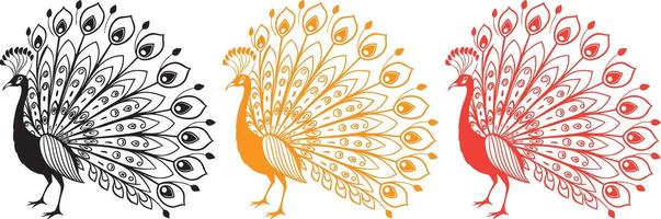 a peacock standing tall, with its feathers fanned out in full display. Intricate line details on each feather. Black lines on a white background. vector