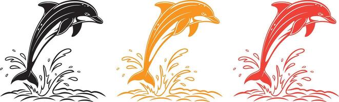 a dolphin leaping out of the water, with detailed lines showing splashes below. Sleek and dynamic, black on white line art. vector