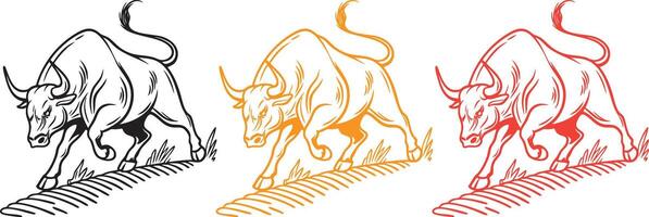 a bull in mid-charge, with its head lowered and horns prominently displayed. Muscular details and ground lines showing motion. Black line art. vector