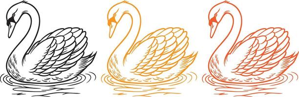 a swan with an elegant, curved neck, detailed feathers, and subtle ripples in the water beneath it. Black line art with negative space details. vector