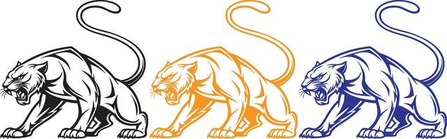 A crouching panther with a muscular body, detailed fur patterns, and sharp claws. The tail curves elegantly in the background. Black and white line illustration. vector