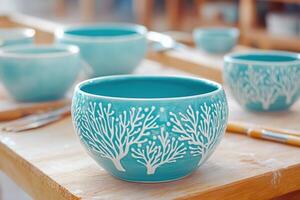 Artisan carefully paints a turquoise ceramic bowl with coral patterns on a wooden workbench surrounded by tools in a vibrant workshop setting photo