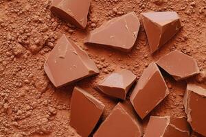Close-up view of dark chocolate pieces surrounded by cocoa powder on a textured surface with soft lighting enhancing the rich details photo