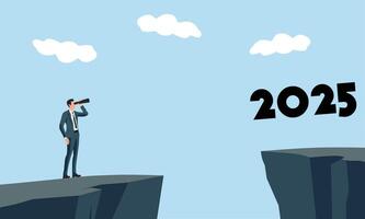 Businessman with telescope standing on a cliff looking toward 2025 across a gap. Concept of vision, planning, challenges, and opportunities for the future. Ideal for business, success vector