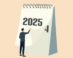 minimalistic illustration of a man flipping a calendar page to the year 2025. The clean, modern design conveys themes of new beginnings, transitions, vector