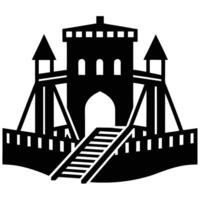 Walled Fortress with Raised Drawbridge Silhouetted on White Background vector