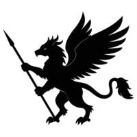 Flying Griffin with Spear Silhouetted on White Background vector