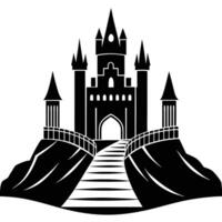 Towering Medieval Castle with Bridge Entry Silhouetted on White Background vector