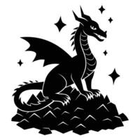 Dragon Perched Atop Sparkling Treasure Pile Silhouette on White Background vector