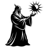 Wizard channeling magical orb silhouette vector